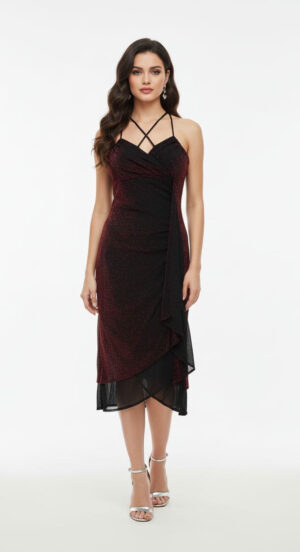 Midnight Scarlet Sparkle Fire Wrap Dress